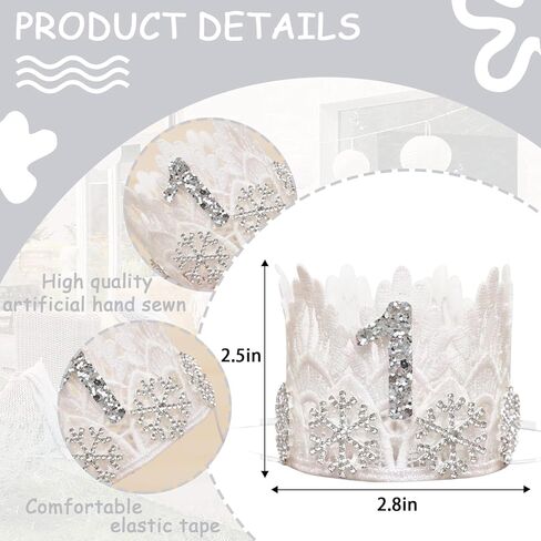 تاج عيد الميلاد الاول للشتاء - تاج دانتيل ابيض بلوري، تاج عيد الميلاد الاول على شكل ندفة الثلج، ديكور حفلات العجائب الشتوية، قبعة عيد الميلاد الاول للفتيات، شريط راس من الدانتيل مع مجوهرات فضية على in Kuwait