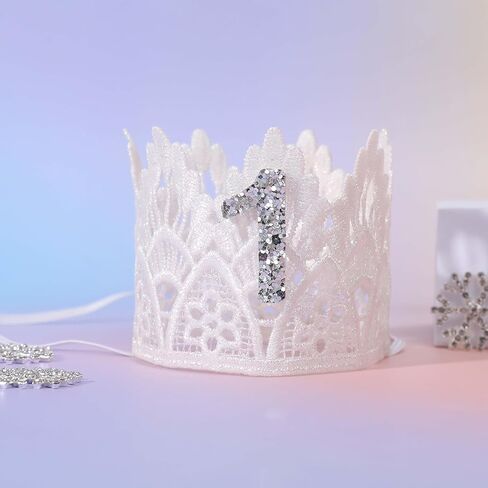 تاج عيد الميلاد الاول للشتاء - تاج دانتيل ابيض بلوري، تاج عيد الميلاد الاول على شكل ندفة الثلج، ديكور حفلات العجائب الشتوية، قبعة عيد الميلاد الاول للفتيات، شريط راس من الدانتيل مع مجوهرات فضية على in Kuwait