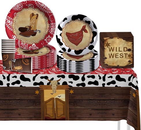 CAILESS Western Party Decorations - Western Cowboy Party Supplies 69Pcs Included Cowboy Theme Plates Cups Napkins Serves 16 Guests for Kids and Adults Wild West Party Decorations in Kuwait