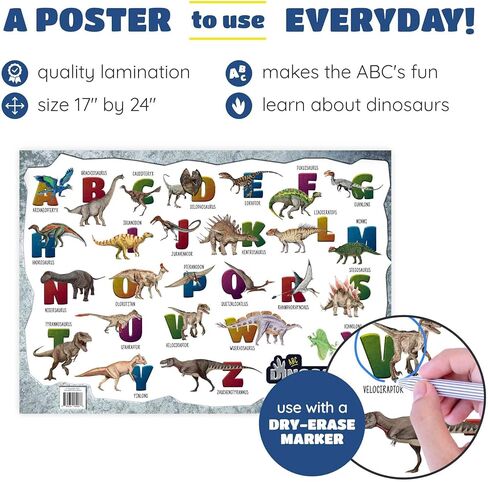 ABC Dinosaur Educational Poster, Kids Room Dinosaur Decor Alphabet Chart with Watercolor Dinosaur Pictures, Large 17x24 Laminated Dinosaur Themed Classroom Décor for Preschool and Homeschooling in Kuwait