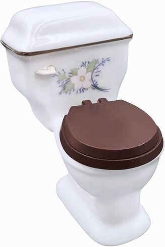 White Ceramic Dollhouse Toilet with Plastic Toilet Seat Decorative Floral Design and Gold Trim 1:12 Scale in Saudi Arabia