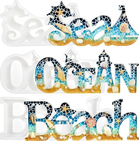 ISSEVE 3Pcs Large Letter Sign Resin Molds Silicone, Beach Ocean Sea Word Sign Silicone Molds for Resin Casting, Epoxy Molds for DIY Tropical Coastal Resin Crafts Home Office Desk Decoration in Kuwait