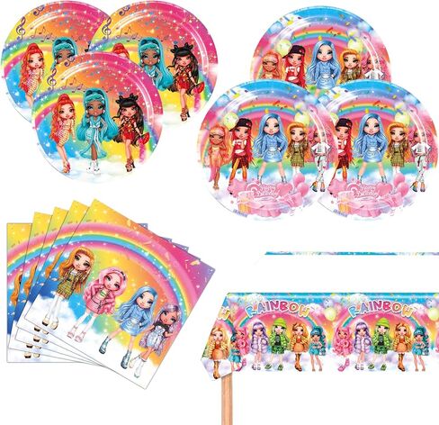 لوازم حفلات أعياد الميلاد العالية من قوس قزح، 20 طبقًا و20 منديلًا وغطاء طاولة واحد للفتيات من لوازم الحفلات ذات الدمى العالية من قوس قزح in Kuwait