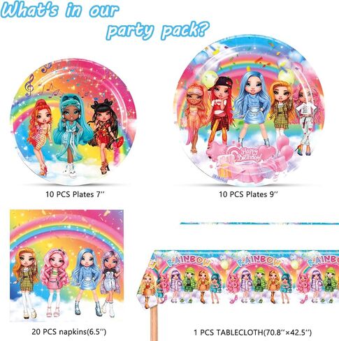 لوازم حفلات أعياد الميلاد العالية من قوس قزح، 20 طبقًا و20 منديلًا وغطاء طاولة واحد للفتيات من لوازم الحفلات ذات الدمى العالية من قوس قزح in Kuwait