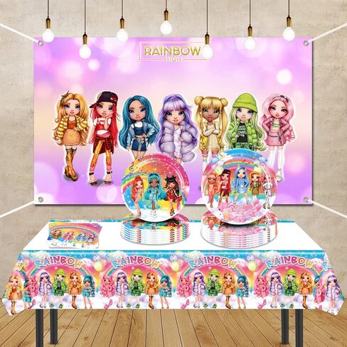 لوازم حفلات أعياد الميلاد العالية من قوس قزح، 20 طبقًا و20 منديلًا وغطاء طاولة واحد للفتيات من لوازم الحفلات ذات الدمى العالية من قوس قزح in Kuwait