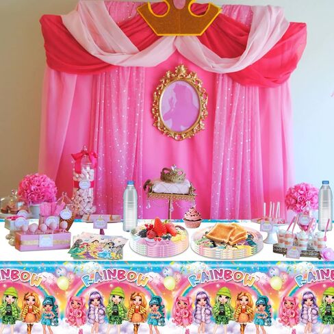لوازم حفلات أعياد الميلاد العالية من قوس قزح، 20 طبقًا و20 منديلًا وغطاء طاولة واحد للفتيات من لوازم الحفلات ذات الدمى العالية من قوس قزح in Kuwait
