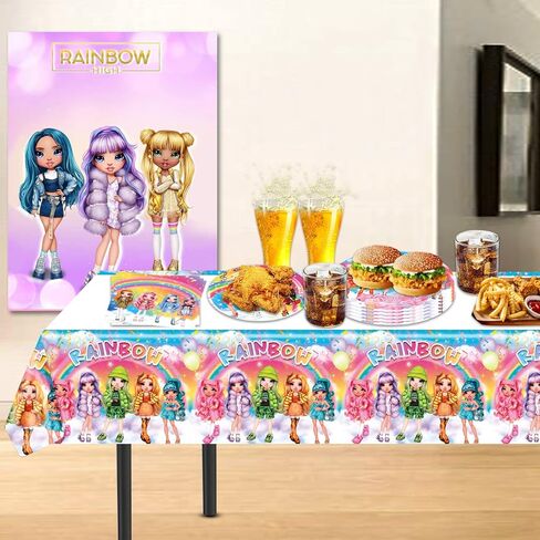 لوازم حفلات أعياد الميلاد العالية من قوس قزح، 20 طبقًا و20 منديلًا وغطاء طاولة واحد للفتيات من لوازم الحفلات ذات الدمى العالية من قوس قزح in Kuwait