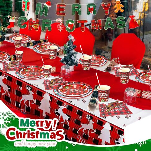 مجموعة أدوات مائدة لمستلزمات حفلات عيد الميلاد من SelfTek، 195 قطعة من مجموعة أواني طعام عيد الميلاد المنقوشة للاستعمال مرة واحدة (24 ضيفًا) تتضمن أطباق وأكواب ومناديل ومفارش طاولة ومستلزمات الحفلات in Kuwait