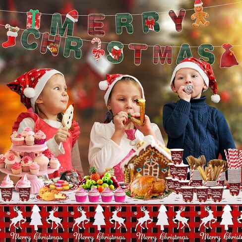 مجموعة أدوات مائدة لمستلزمات حفلات عيد الميلاد من SelfTek، 195 قطعة من مجموعة أواني طعام عيد الميلاد المنقوشة للاستعمال مرة واحدة (24 ضيفًا) تتضمن أطباق وأكواب ومناديل ومفارش طاولة ومستلزمات الحفلات in Kuwait