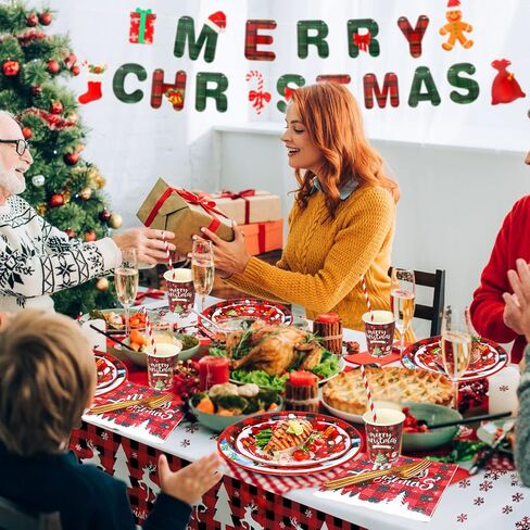 مجموعة أدوات مائدة لمستلزمات حفلات عيد الميلاد من SelfTek، 195 قطعة من مجموعة أواني طعام عيد الميلاد المنقوشة للاستعمال مرة واحدة (24 ضيفًا) تتضمن أطباق وأكواب ومناديل ومفارش طاولة ومستلزمات الحفلات in Kuwait