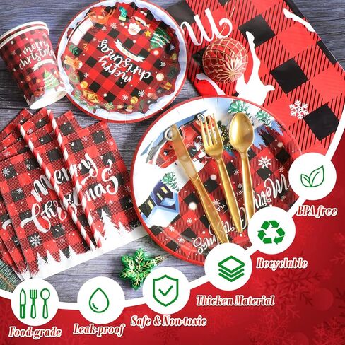 مجموعة أدوات مائدة لمستلزمات حفلات عيد الميلاد من SelfTek، 195 قطعة من مجموعة أواني طعام عيد الميلاد المنقوشة للاستعمال مرة واحدة (24 ضيفًا) تتضمن أطباق وأكواب ومناديل ومفارش طاولة ومستلزمات الحفلات in Kuwait