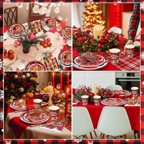 مجموعة أدوات مائدة لمستلزمات حفلات عيد الميلاد من SelfTek، 195 قطعة من مجموعة أواني طعام عيد الميلاد المنقوشة للاستعمال مرة واحدة (24 ضيفًا) تتضمن أطباق وأكواب ومناديل ومفارش طاولة ومستلزمات الحفلات in Kuwait