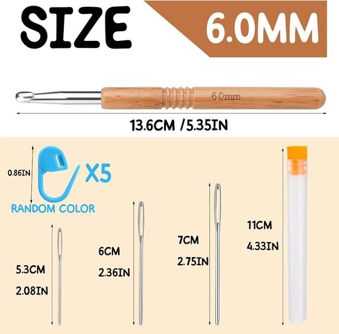 خطاف كروشيه 2.5 مم، خطافات كروشيه بمقبض خشبي 2.5 مم من الخطاف المعدني، مع 3 إبر خياطة حادة كبيرة العينين، 5 علامات وزجاجة تخزين إبرة واحدة، لدمية الكروشيه والوشاح والوسادة in Kuwait