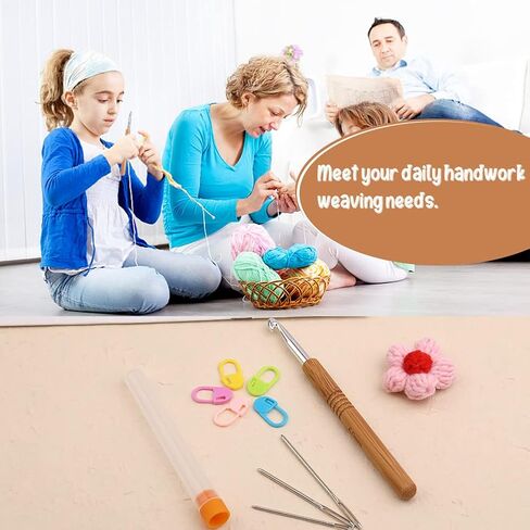 خطاف كروشيه 2.5 مم، خطافات كروشيه بمقبض خشبي 2.5 مم من الخطاف المعدني، مع 3 إبر خياطة حادة كبيرة العينين، 5 علامات وزجاجة تخزين إبرة واحدة، لدمية الكروشيه والوشاح والوسادة in Kuwait