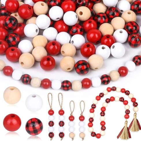 200 قطعة من الخرز الخشبي للكريسماس للحرف اليدوية، خرز خشبي 16 مم مع فتحات خرز فاصل فضفاض لعيد الميلاد لشجرة الزينة المعلقة على شكل إكليل مجوهرات لصنع ديكور المنزل والعطلات (أحمر، أبيض، خشب، منقوش) in Kuwait