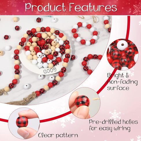 200 قطعة من الخرز الخشبي للكريسماس للحرف اليدوية، خرز خشبي 16 مم مع فتحات خرز فاصل فضفاض لعيد الميلاد لشجرة الزينة المعلقة على شكل إكليل مجوهرات لصنع ديكور المنزل والعطلات (أحمر، أبيض، خشب، منقوش) in Kuwait