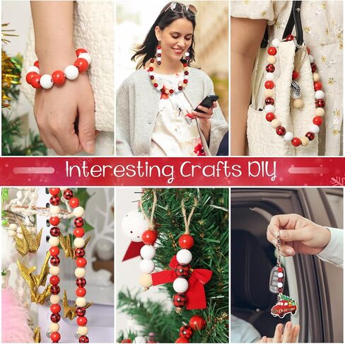 200 قطعة من الخرز الخشبي للكريسماس للحرف اليدوية، خرز خشبي 16 مم مع فتحات خرز فاصل فضفاض لعيد الميلاد لشجرة الزينة المعلقة على شكل إكليل مجوهرات لصنع ديكور المنزل والعطلات (أحمر، أبيض، خشب، منقوش) in Kuwait