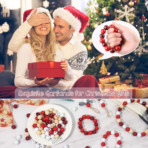 200 قطعة من الخرز الخشبي للكريسماس للحرف اليدوية، خرز خشبي 16 مم مع فتحات خرز فاصل فضفاض لعيد الميلاد لشجرة الزينة المعلقة على شكل إكليل مجوهرات لصنع ديكور المنزل والعطلات (أحمر، أبيض، خشب، منقوش) in Kuwait