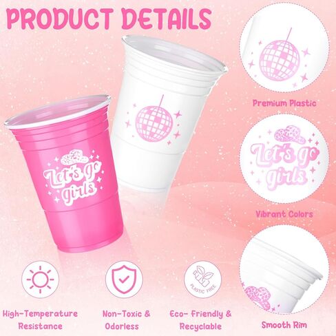RUIYELE 72Pcs Let's Go Girls Party Cups 15 Oz Bachelorette Party Cups Disposable Tableware Bulk Cups for Disco Cowgirl Rodeo Birthday Party Favors, Pink&White in Kuwait
