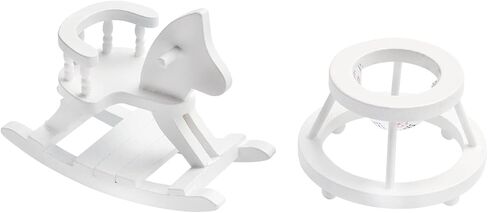 قطعتان من إكسسوارات أثاث المنزل الصغير، حصان هزاز خشبي أبيض مصغر ومشاية صغيرة لتزيين مشهد المحاكاة الصغيرة in Kuwait