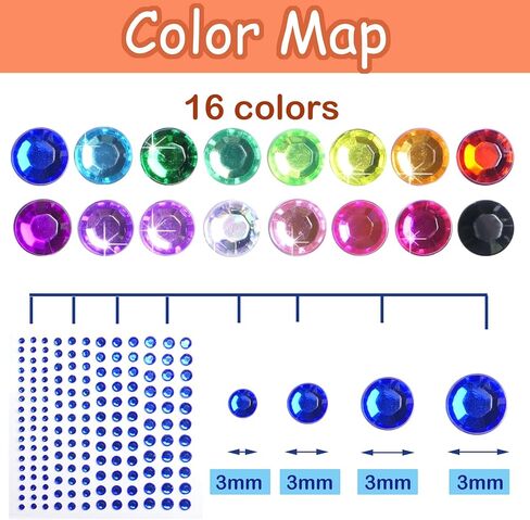 عصا جواهر الوجه من هادي، 16 لونًا بأربعة مقاسات من ملصقات حجر الراين، مجوهرات للوجه للحرف اليدوية والمكياج وتزيين البطاقات وتزيين شعر العيون - 2640 قطعة in Kuwait