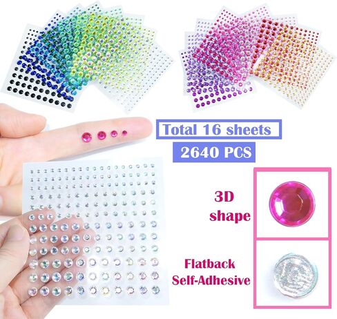 عصا جواهر الوجه من هادي، 16 لونًا بأربعة مقاسات من ملصقات حجر الراين، مجوهرات للوجه للحرف اليدوية والمكياج وتزيين البطاقات وتزيين شعر العيون - 2640 قطعة in Kuwait