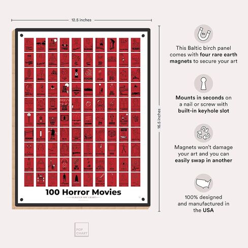 مخطط البوب ​​| ملصق قابل للخدش لـ 100 فيلم رعب | ديكور فيلم رعب مقاس 12 × 16 بوصة مع حامل مغناطيسي | سلعة أفلام الرعب | صُنع في الولايات المتحدة الأمريكية بنسبة 100% in Kuwait