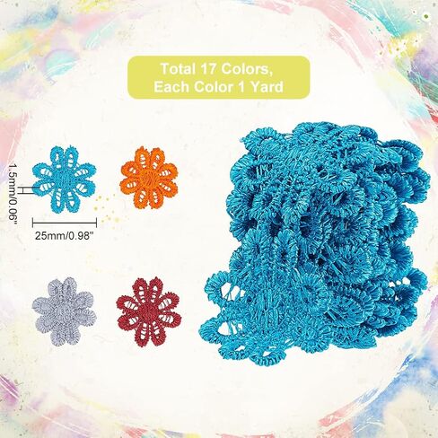 بي اتش باندا هول شريط دانتيل على شكل زهرة الاقحوان بطول 17 ياردة، 17 لونًا بعرض 1 انش، شريط تطريز دانتيل لتزيين الحواف ولوازم الخياطة اليدوية وديكور الزفاف in Kuwait