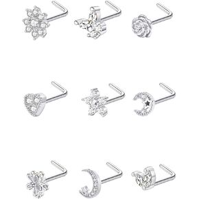 Masedy 9Pcs 20G Stainless Steel Nose Rings L Shaped Nose Studs Flower Screw Nose Rings for Women Men Nose Piercing Set