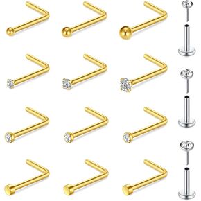QWALIT Nose Studs & Rings - 18g & 20g Surgical Steel Nose Piercing Studs - Small, Threadless, L-Shaped - 18 & 20 Gauge - Silver, Gold, Black in Saudi Arabia