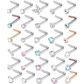 Jstyle Hypoallergenic Nose Rings 30Pcs 18G 20G Surgical Stainless Steel Nose Ring Studs Heart Opal CZ Straight L Shaped Screw Nose Rings Labret Nose Piercing Jewelry for Women Men in Kuwait