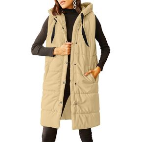 Grlasen Women's Long Quilted Puffer Vest Sleeveless Hooded Button Down Padded Coats Jacket Outerwear with Pockets in Kuwait
