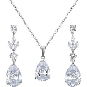 SWEETV Teardrop Wedding Jewelry Sets for Women Brides Bridesmaids, Crystal Bridal Necklace Drop Earrings Set,Prom Costume Bridal Wedding Jewelry