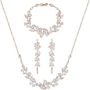 SWEETV Bridal Jewelry Set for Wedding, 3-Pcs Long Floral Necklace Earring Bracelet Sets for Brides, Bridesmaids, Elegant Marquise and Cubic Zirconia Jewelry Set for Women Party Prom Gifts