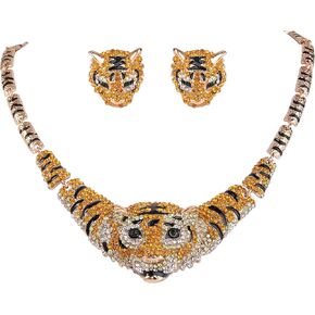 EVER FAITH Austrian Crystal Enamel Big Tiger Head Necklace Stud Earrings Set