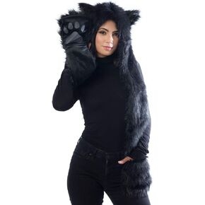 Black Cat Halloween Costume Panther Animal Hat Hood, Mittens Gloves Scarf, Faux Fur, Ears and Paws in Kuwait