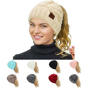 Rosoz Ponytail Beanie for Women,Winter Warm Beanie Tail Soft Stretch Cable Knit Messy High Bun Hat in Kuwait