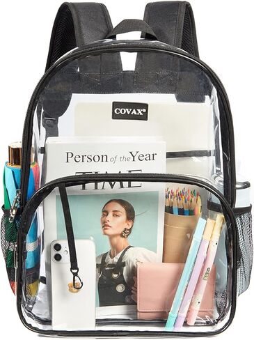 حقيبة ظهر شفافة من COVAX، حقائب كتب شفافة، حقيبة ظهر شفافة من مادة PVC مقاومة للماء للجامعات والعمل والأمن والأحداث الرياضية in Kuwait
