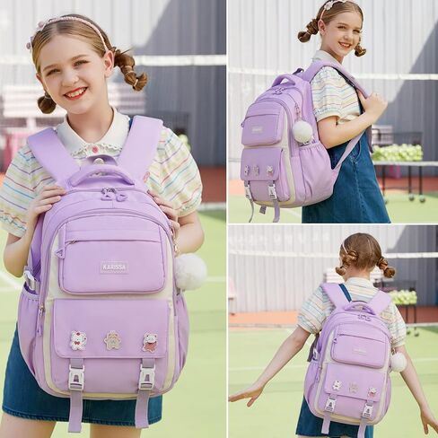 AO ALI VICTORY Backpack for Girls Set with Pencil Case 15.6 Inch Laptop School Bag Cute Kids Elementary College Backpacks Large Bookbags for Women Teens Students Anti Theft Travel Daypack - Purple in Kuwait