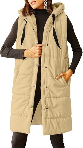 Grlasen Women's Long Quilted Puffer Vest Sleeveless Hooded Button Down Padded Coats Jacket Outerwear with Pockets in Kuwait