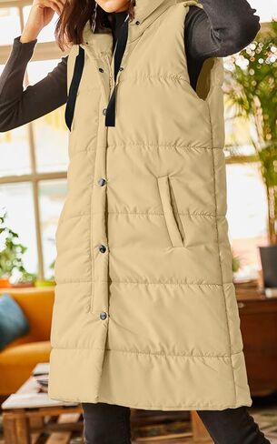 Grlasen Women's Long Quilted Puffer Vest Sleeveless Hooded Button Down Padded Coats Jacket Outerwear with Pockets in Kuwait