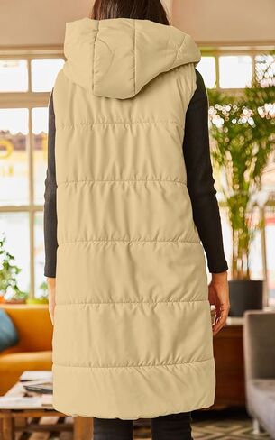 Grlasen Women's Long Quilted Puffer Vest Sleeveless Hooded Button Down Padded Coats Jacket Outerwear with Pockets in Kuwait
