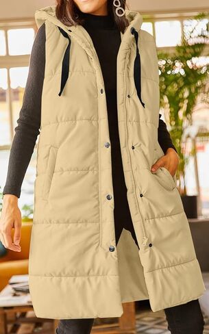 Grlasen Women's Long Quilted Puffer Vest Sleeveless Hooded Button Down Padded Coats Jacket Outerwear with Pockets in Kuwait