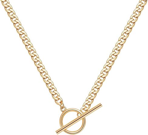 Foxgirl Gold Necklace 18k Gold Plated Dainty Square Toggle Clasp Necklace Flat Cuban Link Chain Choker Necklaces Chunky Curb Chain for Women in Kuwait