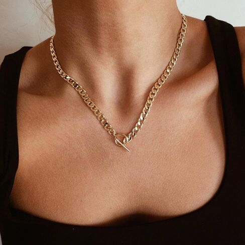 Foxgirl Gold Necklace 18k Gold Plated Dainty Square Toggle Clasp Necklace Flat Cuban Link Chain Choker Necklaces Chunky Curb Chain for Women in Kuwait