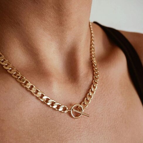 Foxgirl Gold Necklace 18k Gold Plated Dainty Square Toggle Clasp Necklace Flat Cuban Link Chain Choker Necklaces Chunky Curb Chain for Women in Kuwait