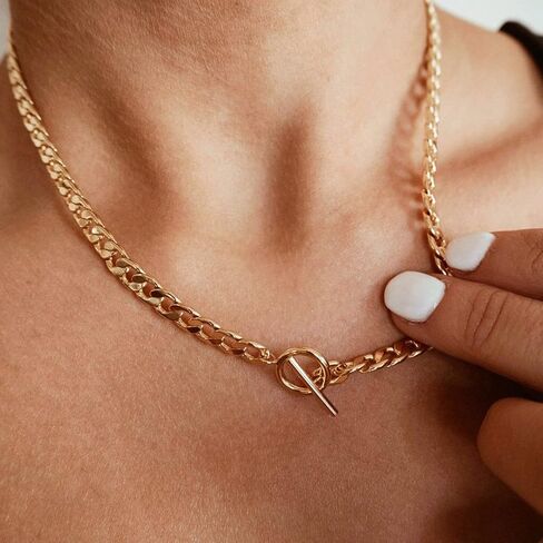 Foxgirl Gold Necklace 18k Gold Plated Dainty Square Toggle Clasp Necklace Flat Cuban Link Chain Choker Necklaces Chunky Curb Chain for Women in Kuwait