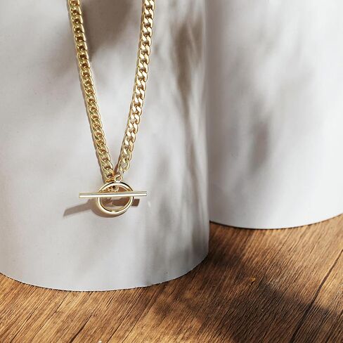 Foxgirl Gold Necklace 18k Gold Plated Dainty Square Toggle Clasp Necklace Flat Cuban Link Chain Choker Necklaces Chunky Curb Chain for Women in Kuwait