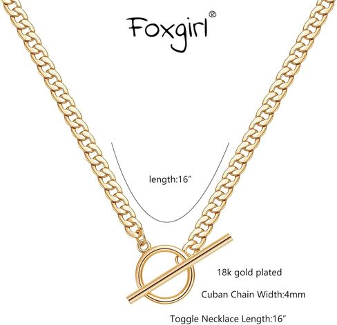 Foxgirl Gold Necklace 18k Gold Plated Dainty Square Toggle Clasp Necklace Flat Cuban Link Chain Choker Necklaces Chunky Curb Chain for Women in Kuwait