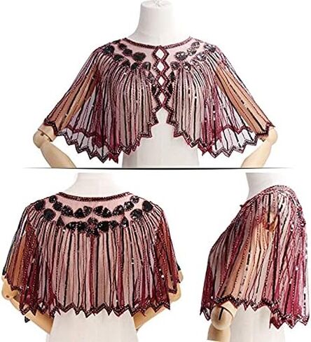 شال Bacophy للسيدات من العشرينيات من القرن الماضي يلتف بالخرز والترتر Gatsby Cape للسهرات بوليرو فلابر لتغطية in Kuwait
